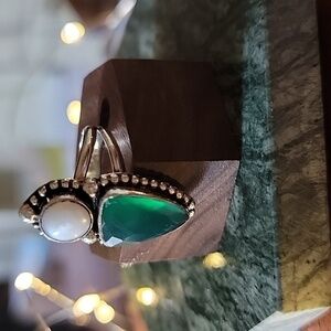 🎁 Faceted Green Onyx & Pearl Ring Size 8¼ NEW